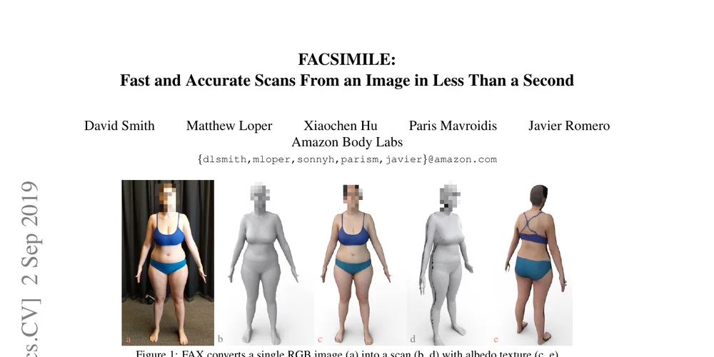 FACSIMILE teaser showing a person reconstructed as a detailed 3D body scan