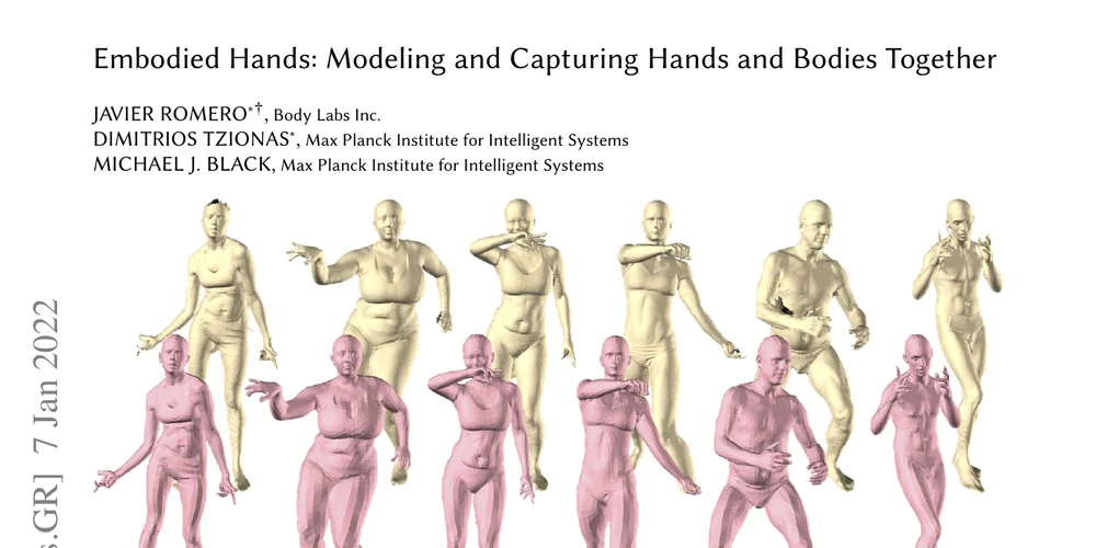 MANO paper teaser showing articulated 3D hand and body models