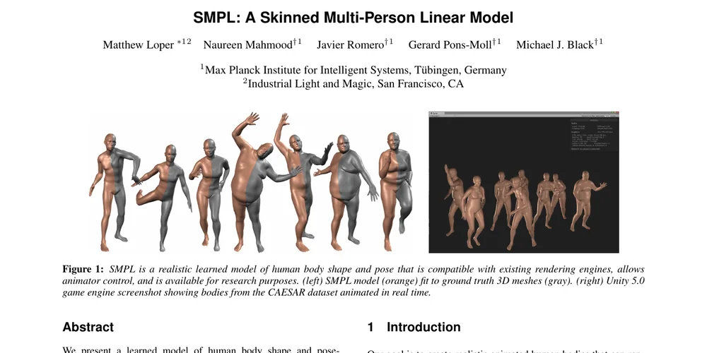 SMPL paper teaser showing a family of realistic posed 3D human body models